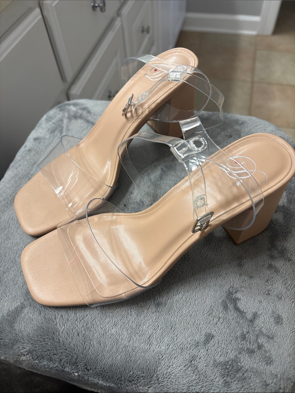 Clear Strap Nude Block Heel Sandals for Women